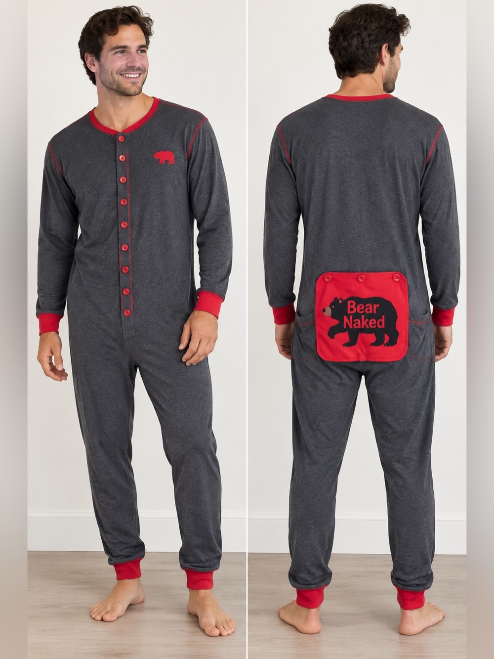 Little Blue House Bear Naked Adult XL Union Suit Pajamas One Piece Gray Red